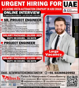 Urgent hiring ad for UAE oil and gas project engineers at Vista Automation with high salary packages and online interviews