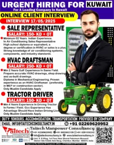 Urgent hiring for Kuwait HVAC Draftsman, Sales Representative, and Tractor Driver jobs with interview details