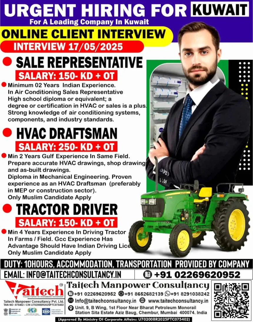 Urgent hiring for Kuwait HVAC Draftsman, Sales Representative, and Tractor Driver jobs with interview details