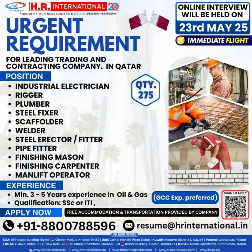 Urgent hiring for oil and gas jobs in Qatar – Interview on 23rd May 2025 – Apply now