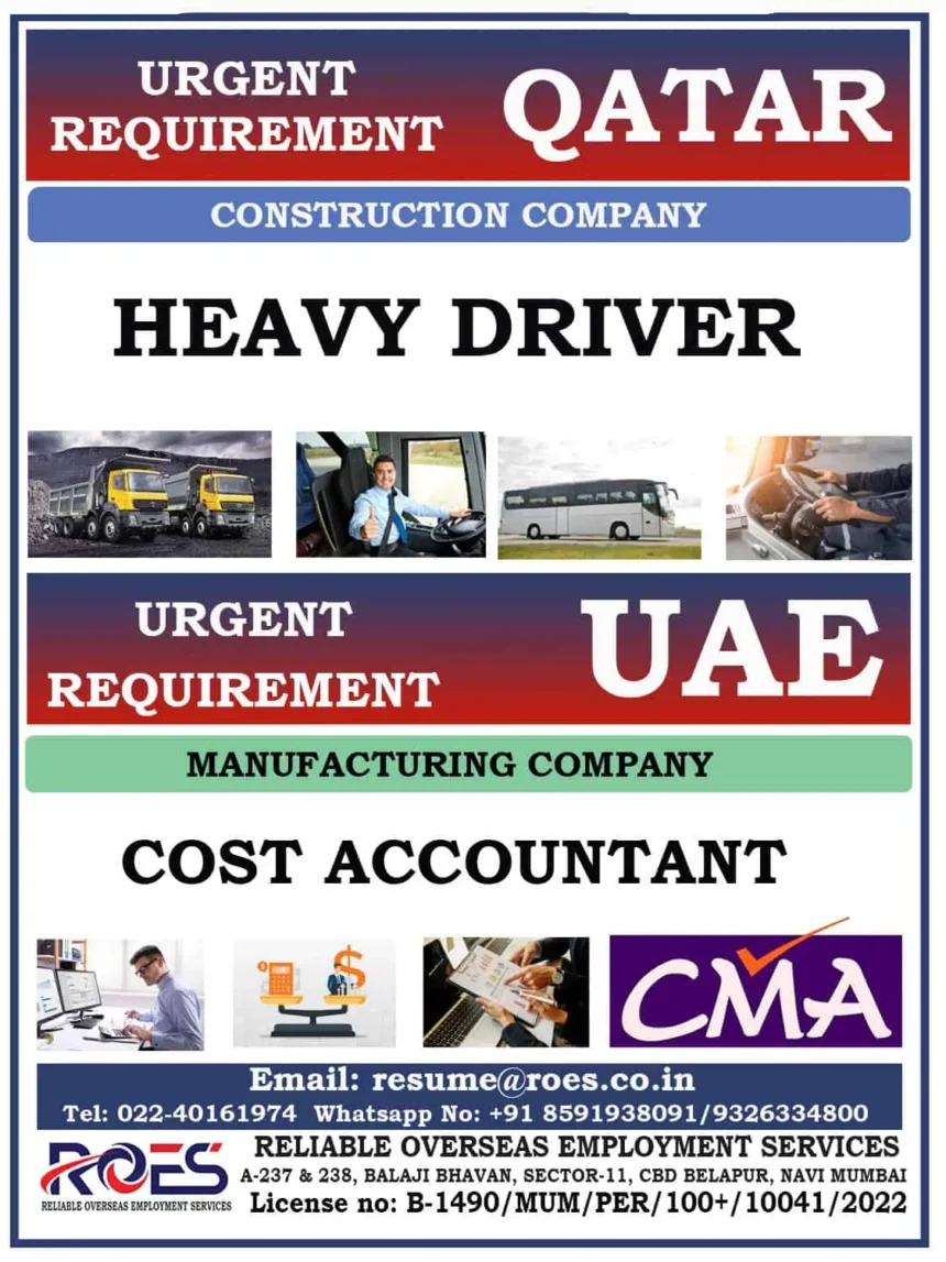 Urgent job openings for Heavy Drivers in Qatar and Cost Accountants in UAE by Reliable Overseas Employment Services