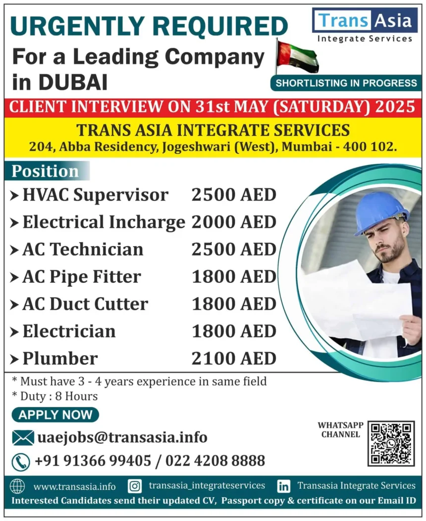 Urgent job vacancies in Dubai with interview details by Trans Asia Integrate Services
