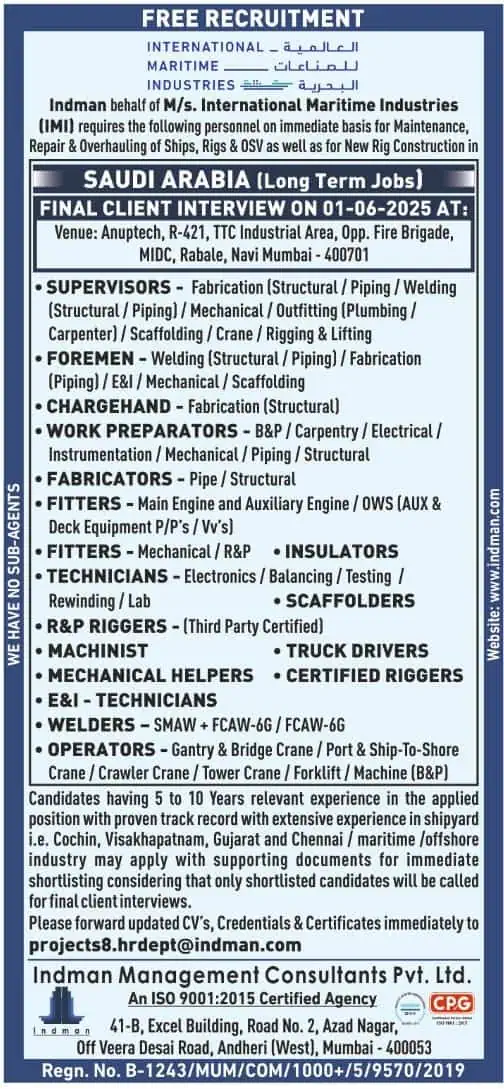 Urgent job vacancy Saudi Arabia 2025 – Indman free recruitment