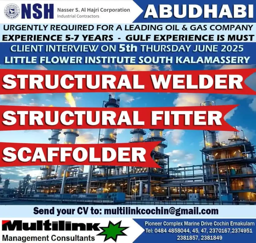 Urgent job vacancy in Abu Dhabi for oil and gas company hiring structural welders, fitters, and scaffolders with Gulf experience.