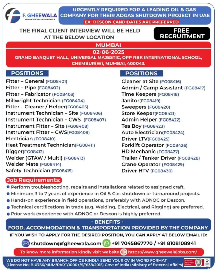 Urgent oil and gas shutdown jobs UAE June 2025 interview Mumbai