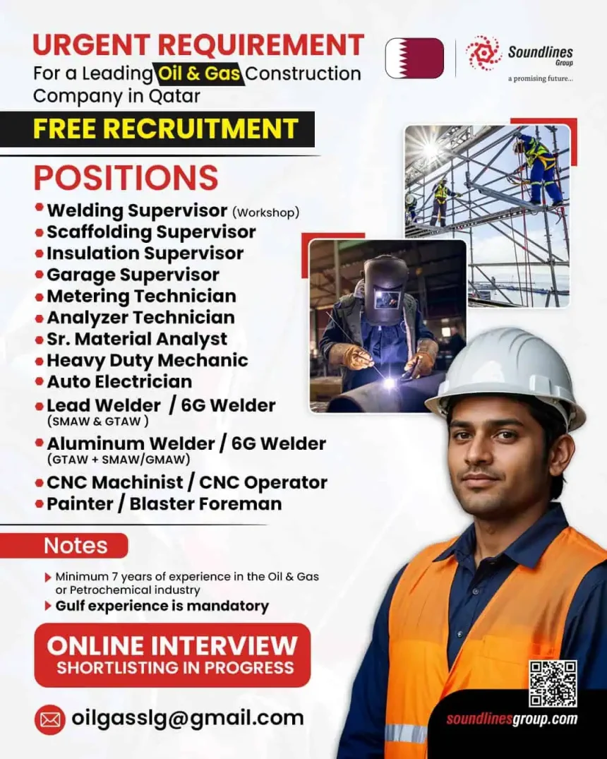 Urgent requirement for oil and gas construction jobs in Qatar – welding supervisor, CNC operator, insulation supervisor, and more – free recruitment by Soundlines Group.