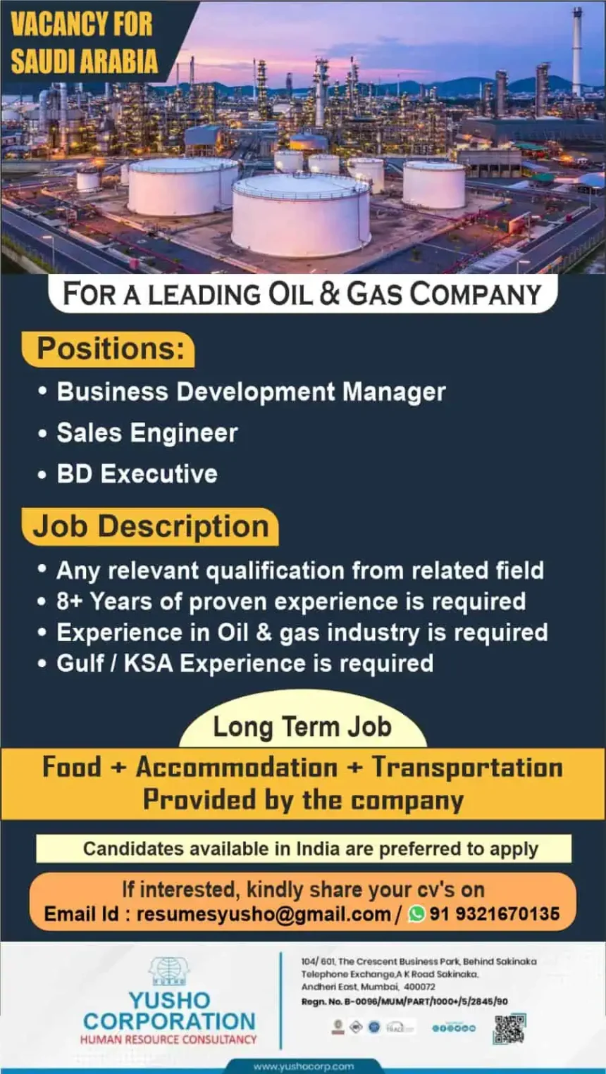 Vacancy for oil and gas jobs in Saudi Arabia with food, accommodation, and transport included
