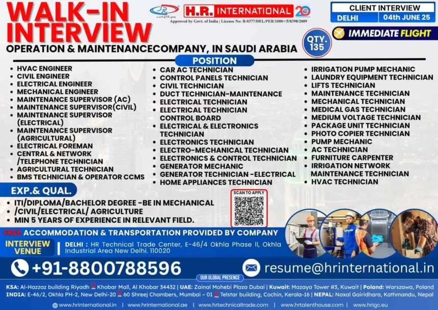 Walk-in Interview for Technicians & Engineers in Saudi Arabia – H.R. International