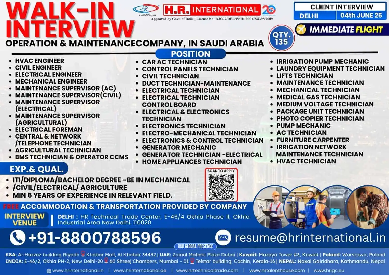 Walk-in Interview for Technicians & Engineers in Saudi Arabia – H.R. International