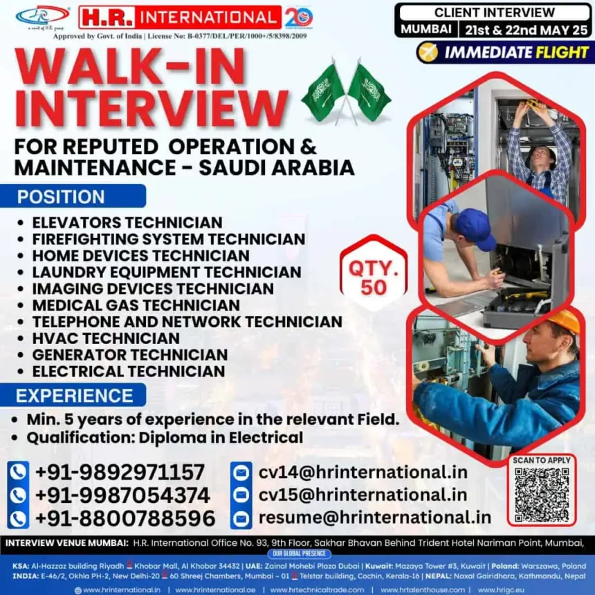 Walk-in interview for Saudi Arabia operation & maintenance technician jobs – Mumbai, May 21st & 22nd