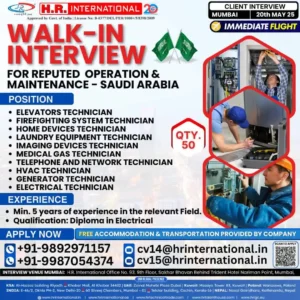 Walk-in interview for electrical and maintenance technician jobs in Saudi Arabia – May 20 in Mumbai