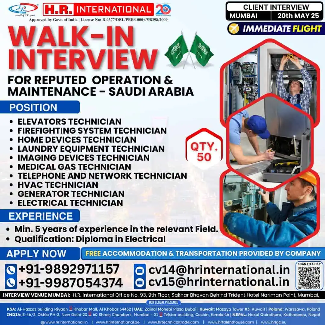 Walk-in interview for electrical and maintenance technician jobs in Saudi Arabia – May 20 in Mumbai