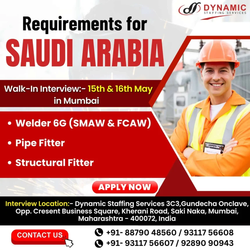 Walk-in interview in Mumbai for Saudi Arabia jobs – Welder, Pipe Fitter, Structural Fitter – May 2025