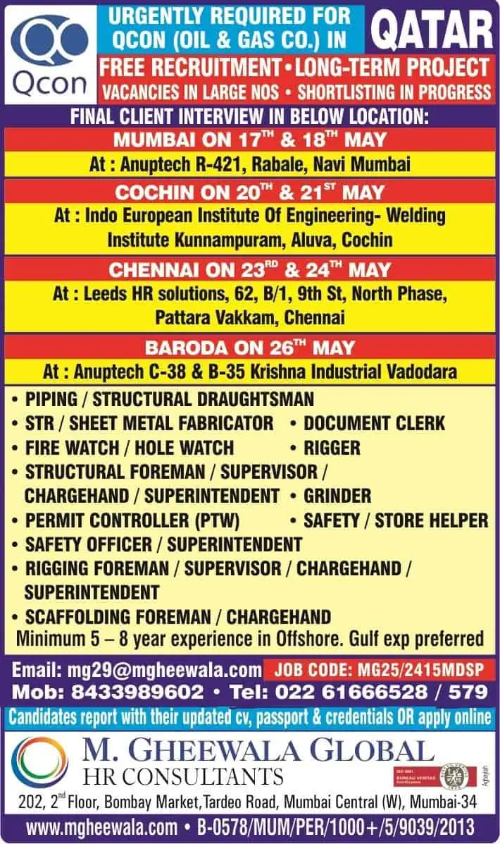 Walk-in interview schedule for Qatar oil and gas jobs by Qcon in May 2025 across India.