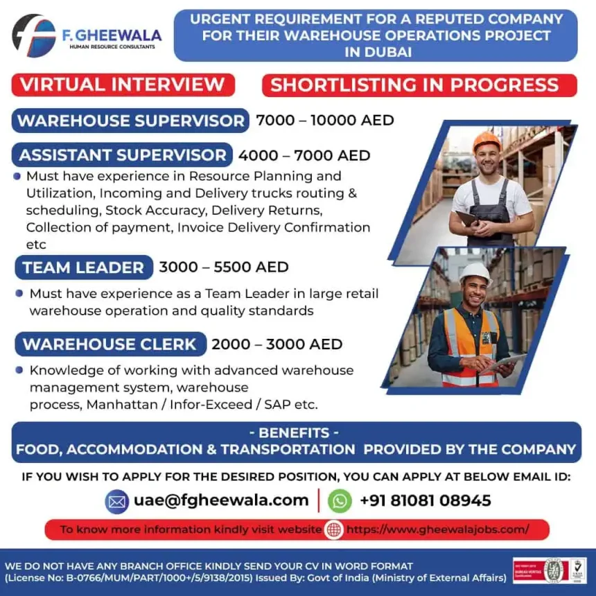Warehouse Jobs in Dubai 2025 – F Gheewala Recruitment Poster