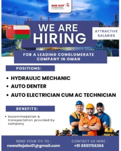 We are hiring in Oman – Hydraulic Mechanic, Auto Denter, Auto Electrician cum AC Technician – New Alfa International