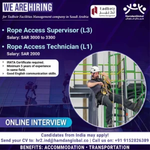 Rope access technician performing safety harness work – Tadbeir job hiring Saudi Arabia IRATA certified jobs 2025
