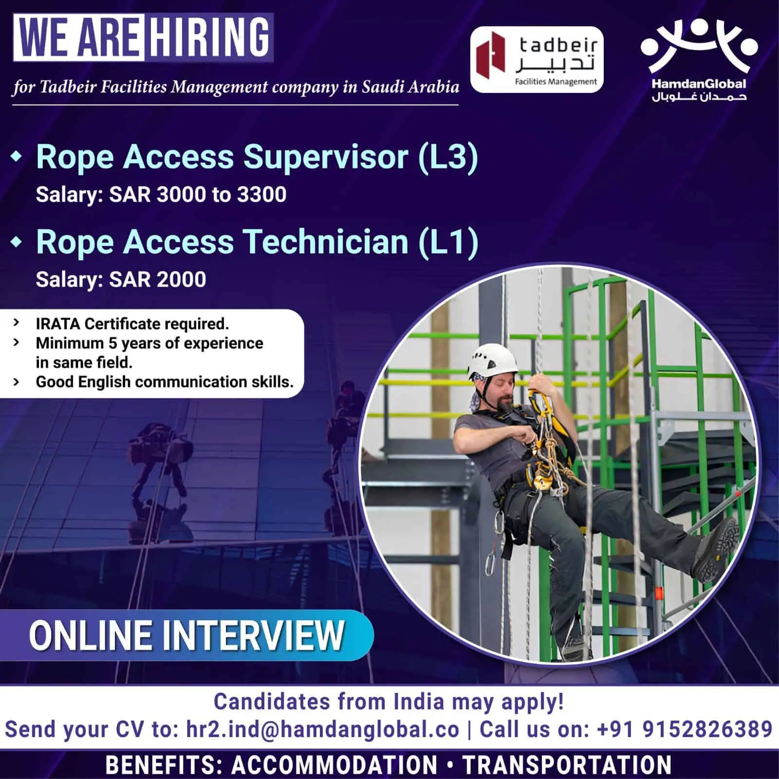 Rope access technician performing safety harness work – Tadbeir job hiring Saudi Arabia IRATA certified jobs 2025