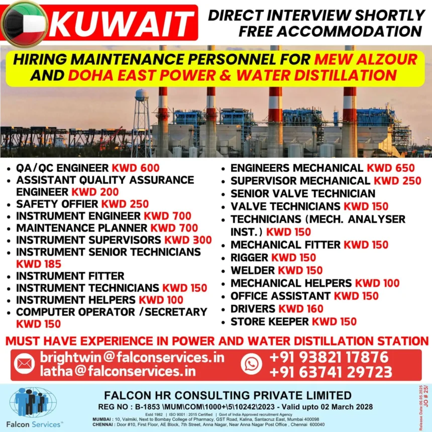 Maintenance jobs in Kuwait for MEW Alzour and Doha East Power Station 2025