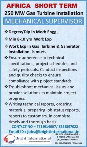 Mechanical Supervisor Job in Africa for 250 MW Gas Turbine Installation