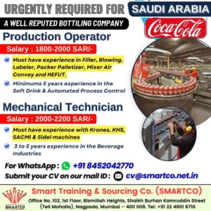 Saudi Arabia bottling plant job vacancy for Production Operators and Mechanical Technicians