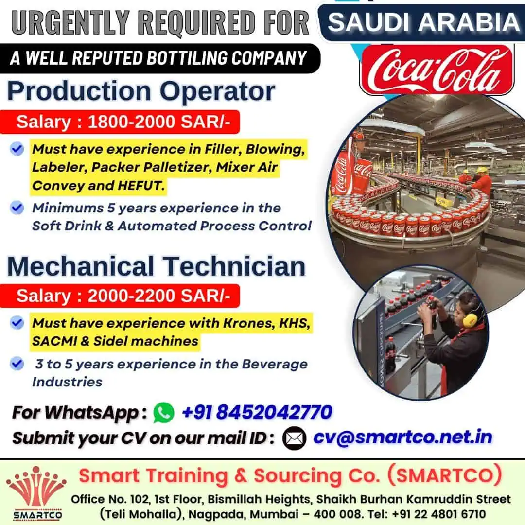 Saudi Arabia bottling plant job vacancy for Production Operators and Mechanical Technicians