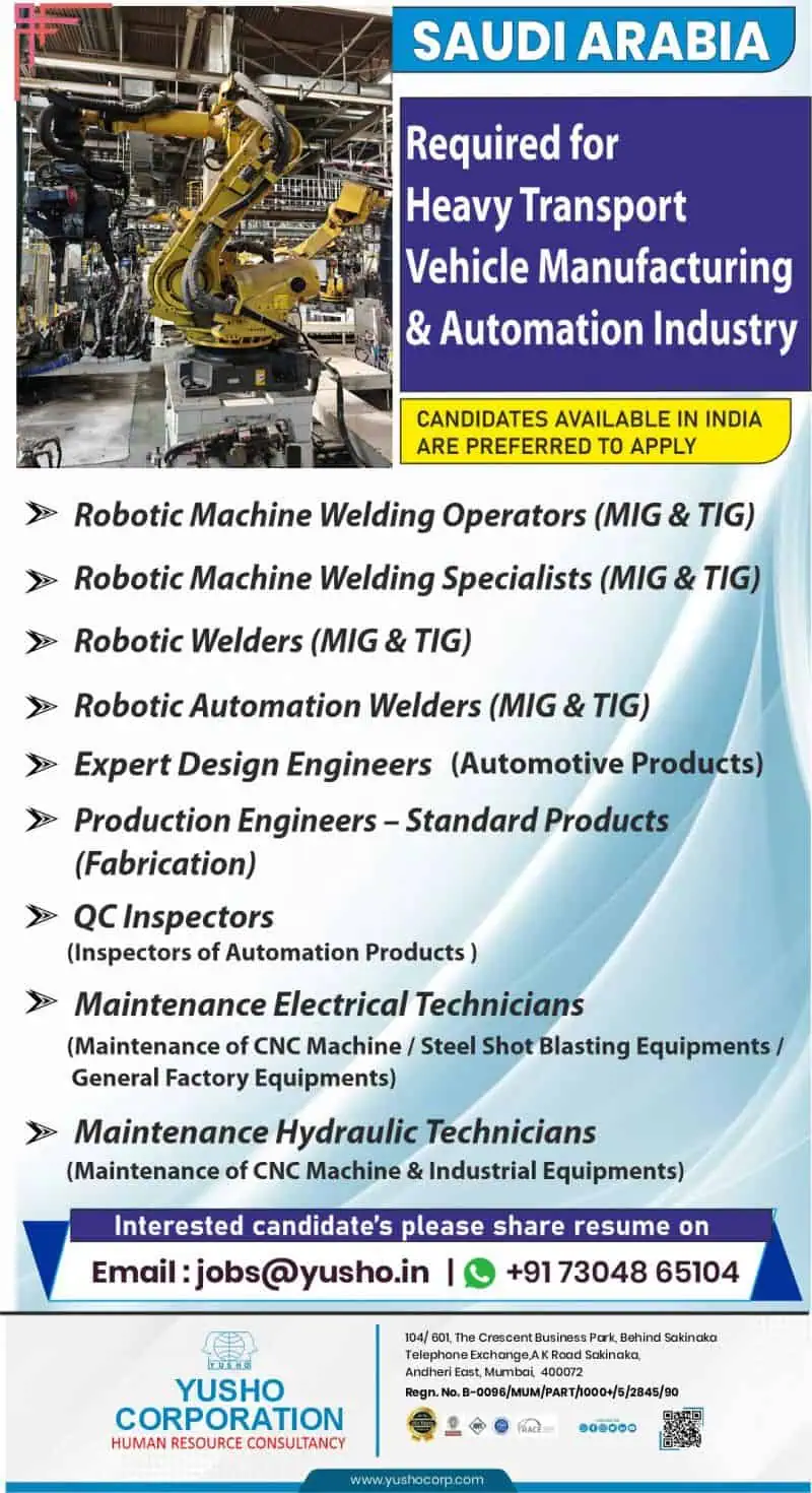 Saudi Arabia jobs in robotic welding, engineering, and automation industry recruitment