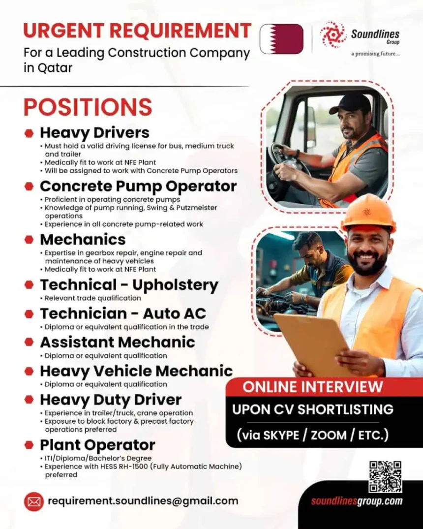 Urgent construction job vacancies in Qatar – Heavy driver, mechanic, plant operator recruitment