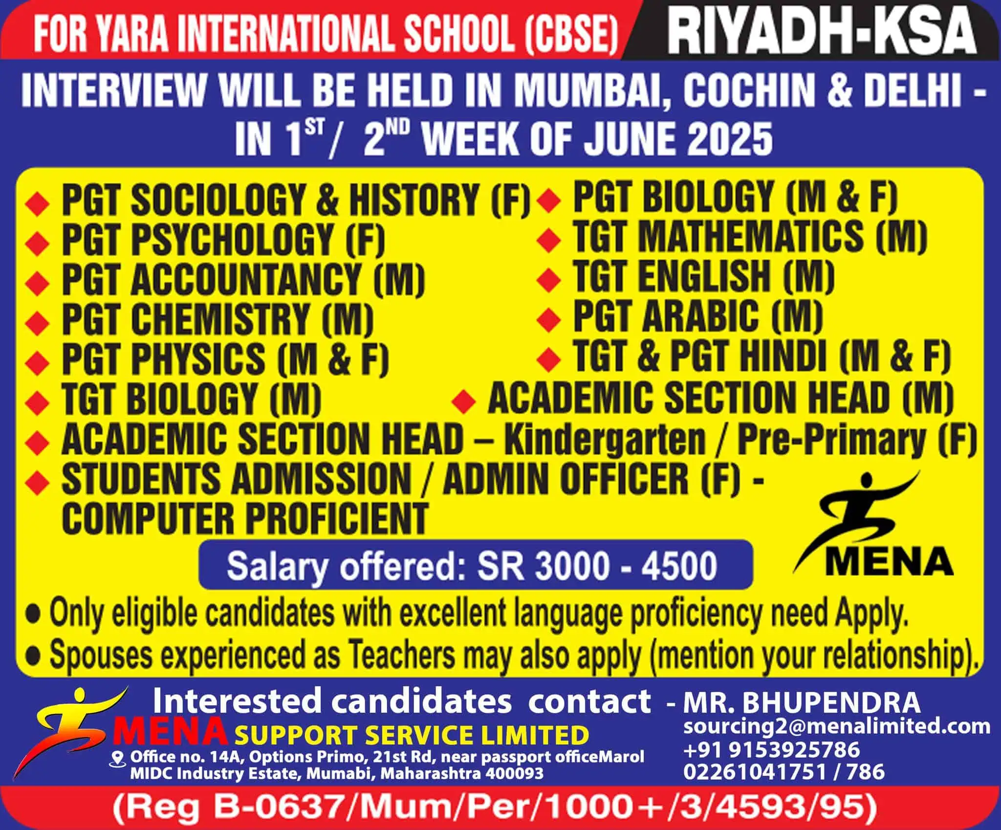 Teaching vacancies in Riyadh at Yara International School – June 2025 interviews in India