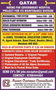 Urgent Jobs Vacancy in Qatar for Government Hospital Maintenance Project – June 2025 Walk-in Interview Details