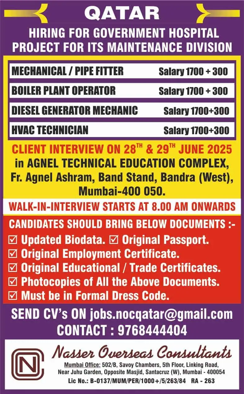 Urgent Jobs Vacancy in Qatar for Government Hospital Maintenance Project – June 2025 Walk-in Interview Details