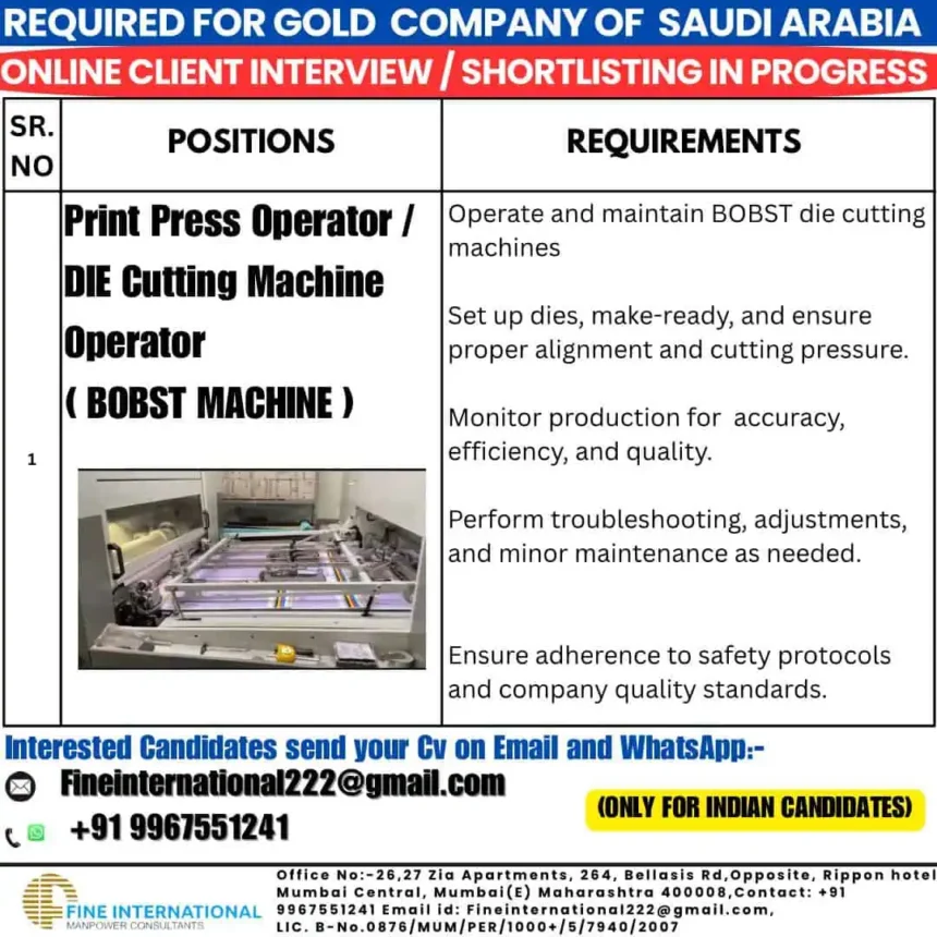 Urgent Job Vacancy for BOBST Die Cutting Machine Operator in Saudi Arabia – Apply Now