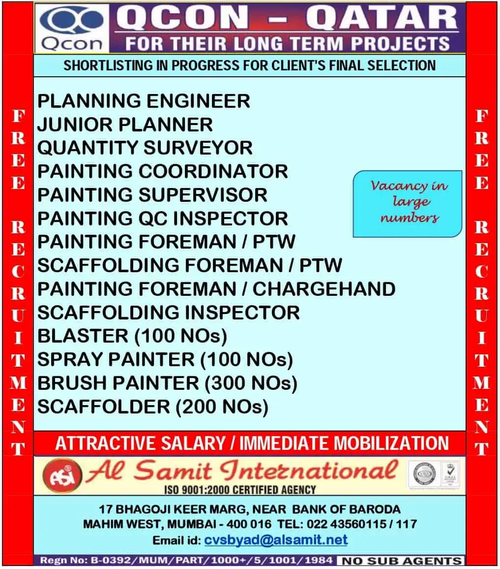Qatar urgent jobs vacancy poster for construction hiring 2025 by Al Samit International