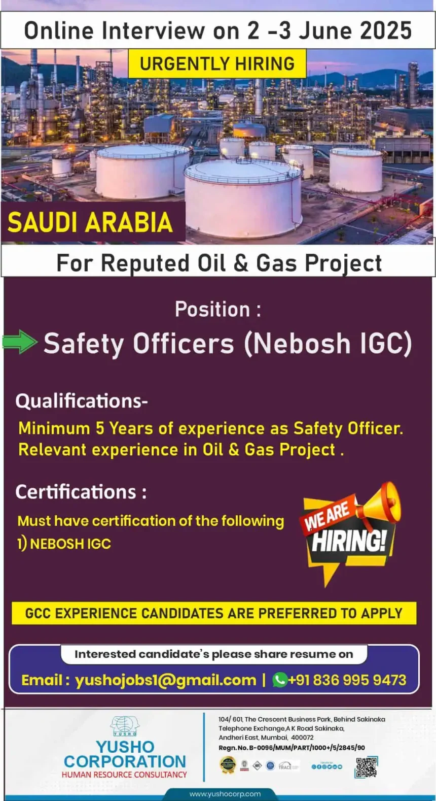 Urgent Job Vacancy for Safety Officers in Saudi Arabia Oil and Gas Project – Online Interview 2–3 June 2025