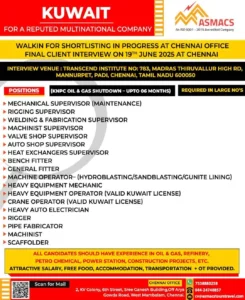 Urgent Job Vacancy in Kuwait for Oil and Gas Shutdown – Walk-in Interview in Chennai