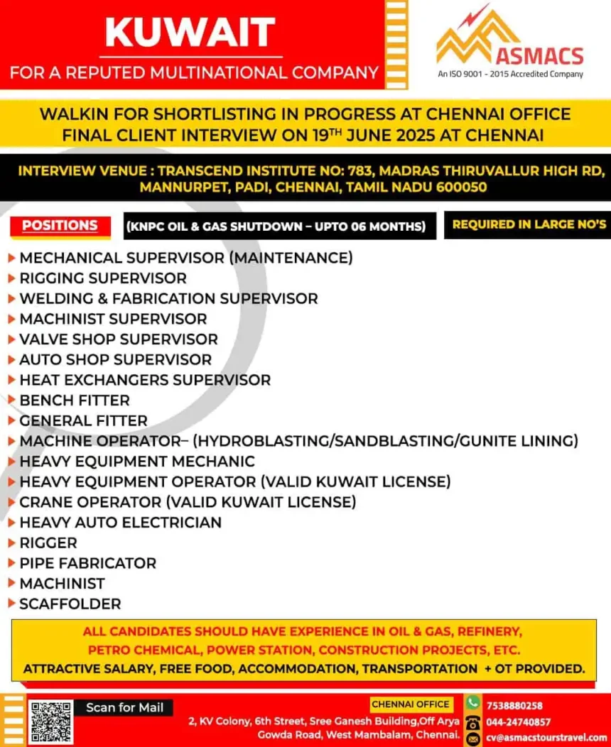 Urgent Job Vacancy in Kuwait for Oil and Gas Shutdown – Walk-in Interview in Chennai