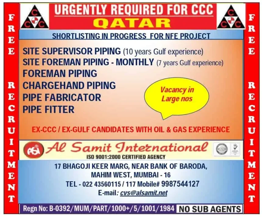 Urgent Job Vacancy in Qatar for Piping Roles - Free Recruitment by Al Samit International