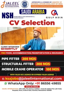 Urgent job vacancy in Saudi Arabia for pipe fitters, structural fitters, and mobile crane operators – Hiring by Jaleel International and NSH.