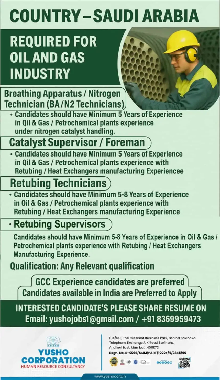Urgent Job Vacancy in Saudi Arabia Oil and Gas Industry – Yusho Corporation Hiring Poster