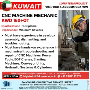 Urgent Jobs Vacancy CNC Machine Mechanic in Kuwait – 10 Years Experience Required – Free Food & Accommodation