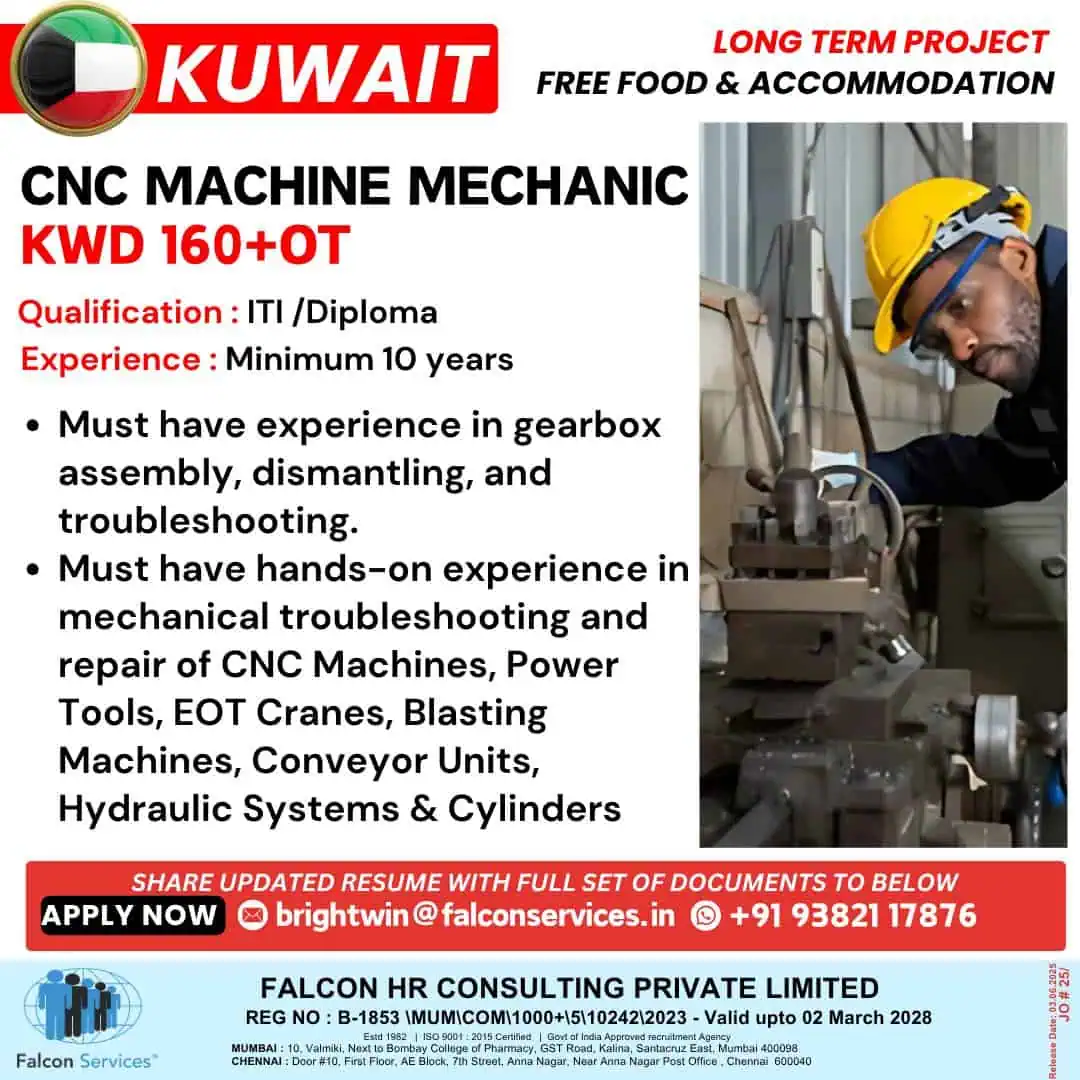 Urgent Jobs Vacancy CNC Machine Mechanic in Kuwait – 10 Years Experience Required – Free Food & Accommodation