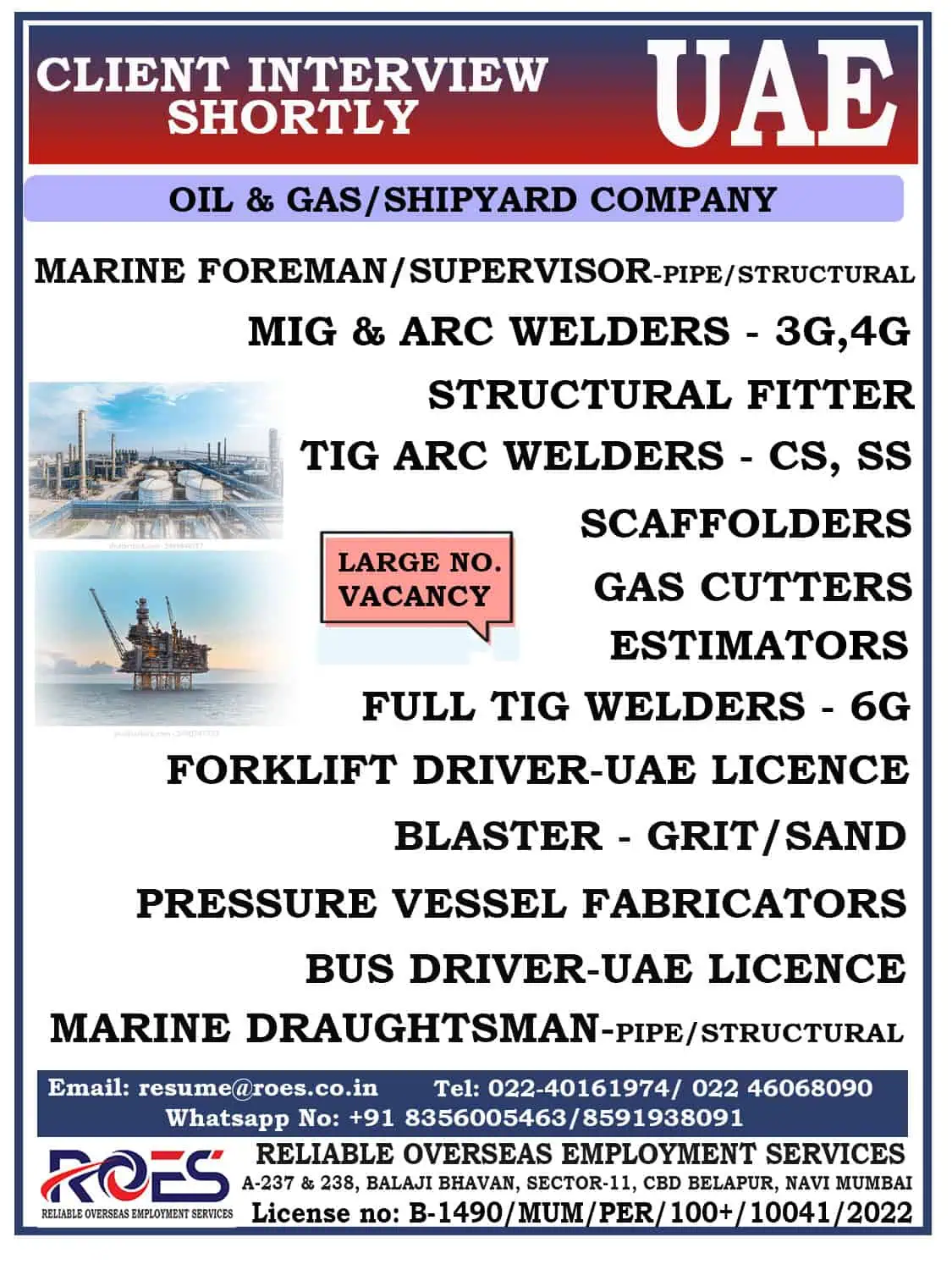 Urgent Jobs Vacancy UAE 2025 for Oil and Gas Shipyard – ROES Interview Announcement Poster