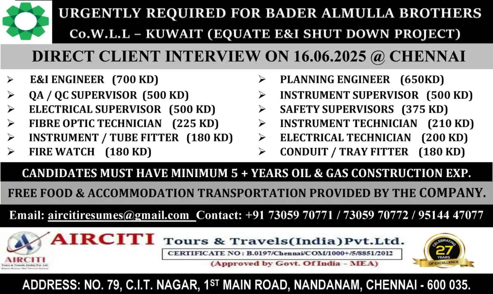 Urgent Jobs Vacancy in Kuwait – Bader Almulla Shutdown Project Interview Chennai June 2025