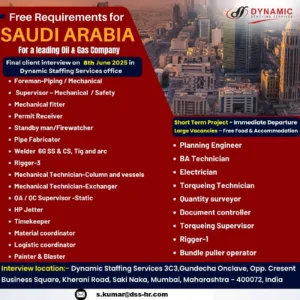 Urgent job vacancies for Saudi Arabia oil & gas sector – Dynamic Staffing Services recruitment poster