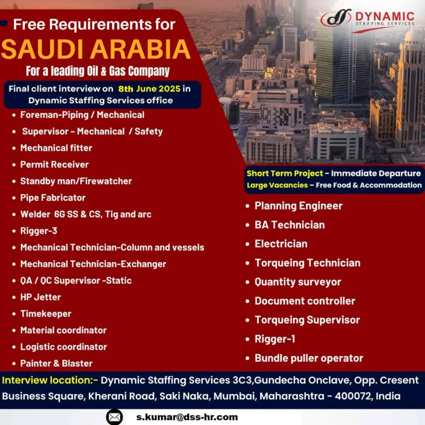 Urgent job vacancies for Saudi Arabia oil & gas sector – Dynamic Staffing Services recruitment poster