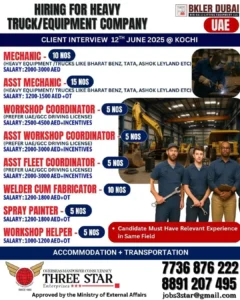 Urgent job vacancies in UAE for heavy truck and equipment company – mechanic, welder, painter, coordinator roles – client interview on 12th June 2025