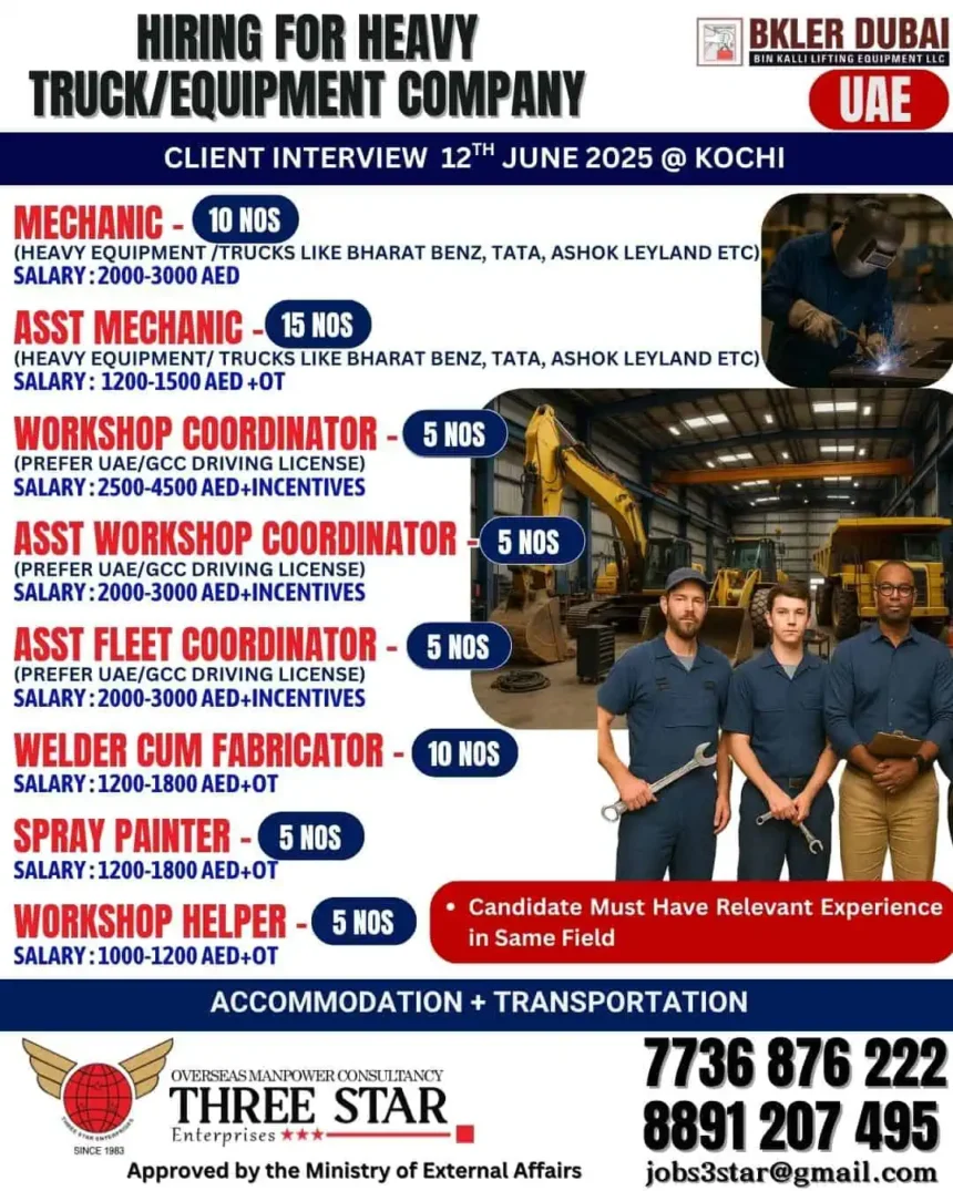 Urgent job vacancies in UAE for heavy truck and equipment company – mechanic, welder, painter, coordinator roles – client interview on 12th June 2025