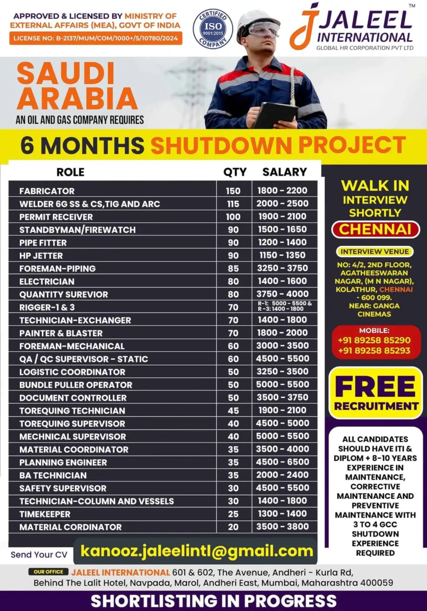 Urgent job vacancy for 6-month oil and gas shutdown project in Saudi Arabia by Jaleel International – interview in Chennai.