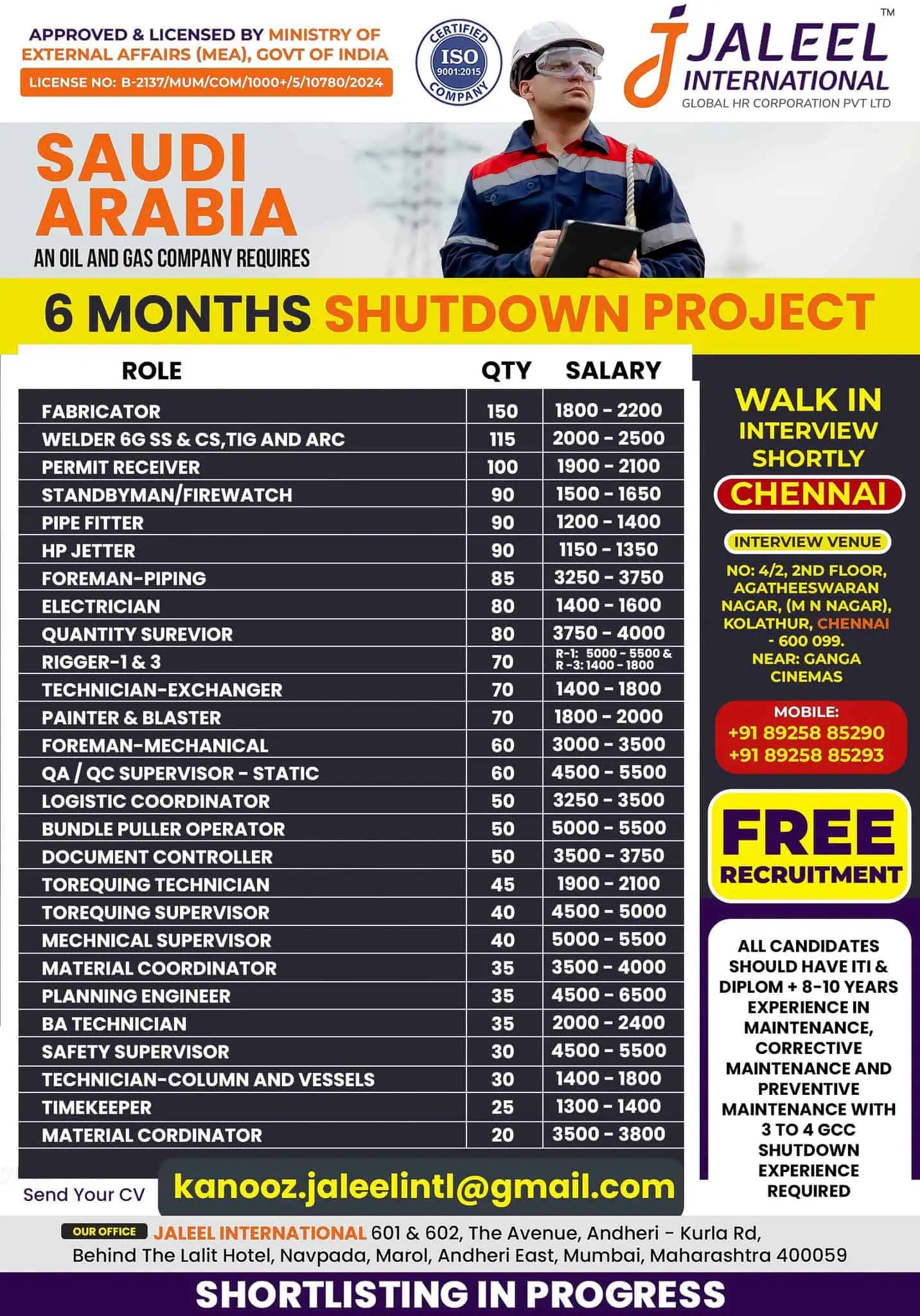 Urgent job vacancy for 6-month oil and gas shutdown project in Saudi Arabia by Jaleel International – interview in Chennai.