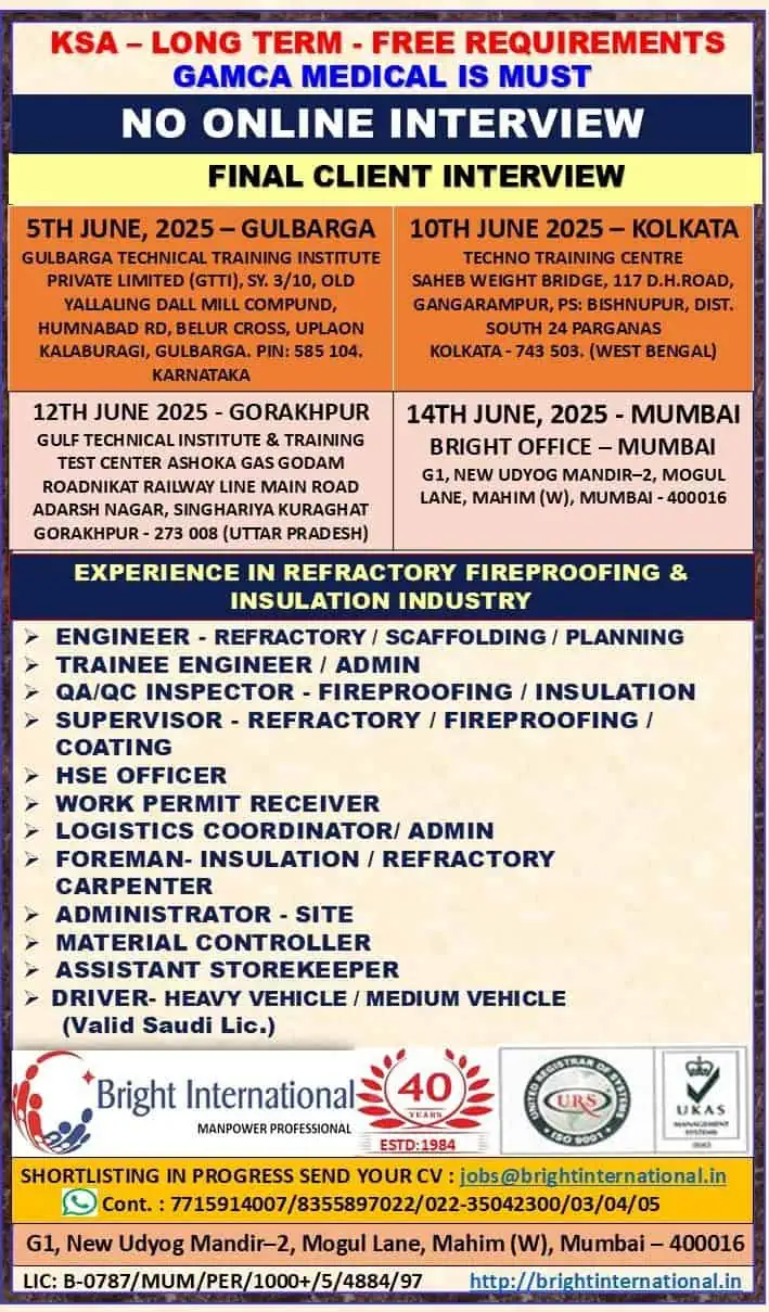 Urgent job vacancy for KSA – final client interviews in India June 2025